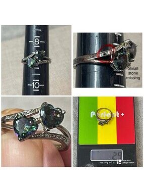 925 Sterling Silver Double Heart Mystic Topaz Rainbow Bypass CZ Ring Sz 8.75